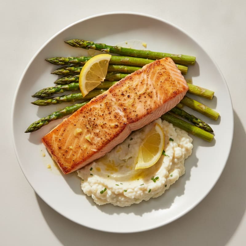 Seared Salmon with Lemon-Garlic Asparagus and Cauliflower Mash