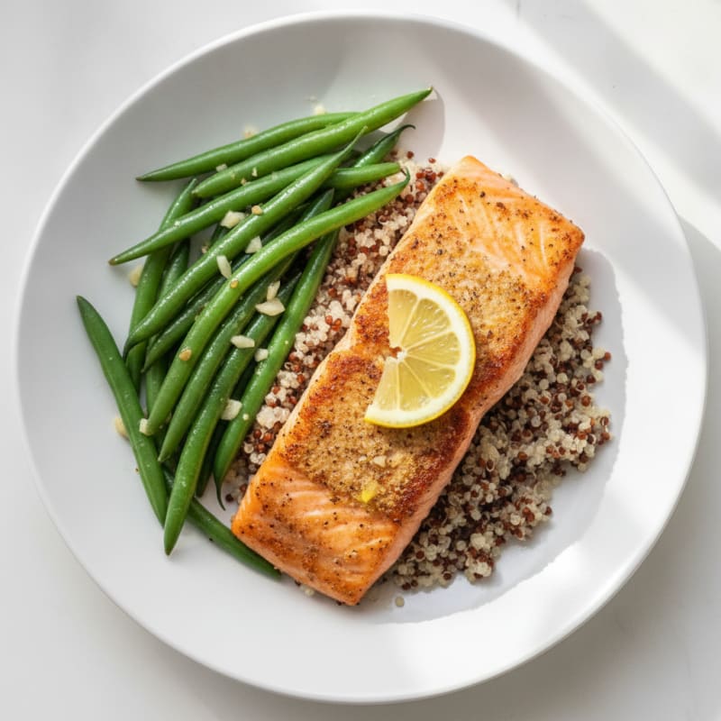 Pan-Seared Salmon with Quinoa and Garlic Green Beans