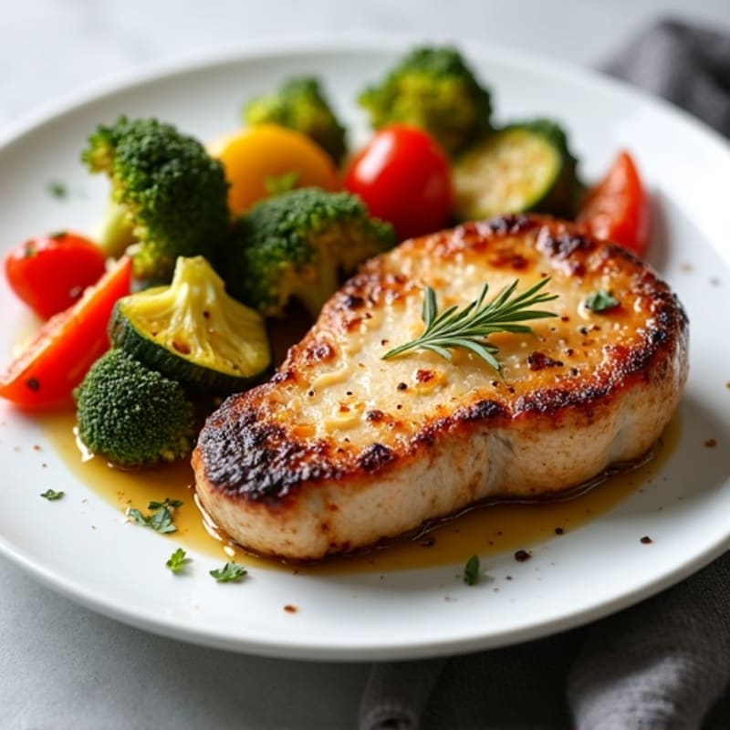 Pan-Seared Pork Chops with Garlic Roasted Vegetables