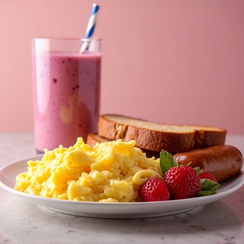 Fluffy Scrambled Eggs with Toasted Whole Grain Bread and Chicken Sausages with Creamy Berry Protein Smoothie