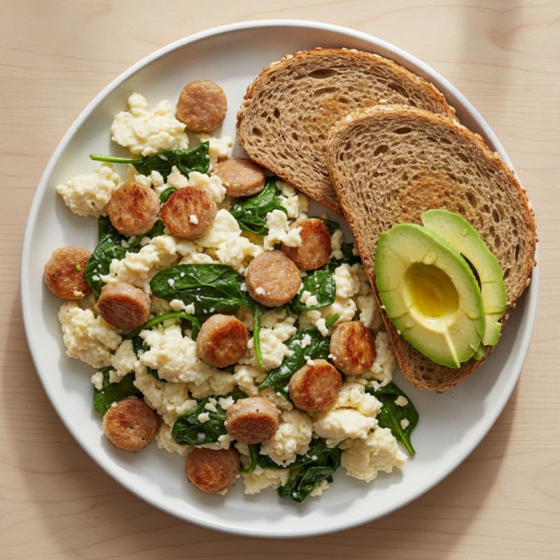 Crispy Egg White and Turkey Sausage Scramble with Spinach