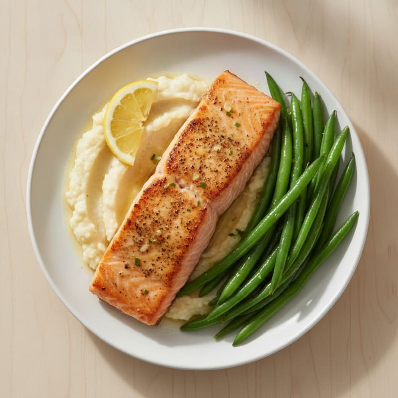 Seared Salmon with Steamed Green Beans and Cauliflower Mash