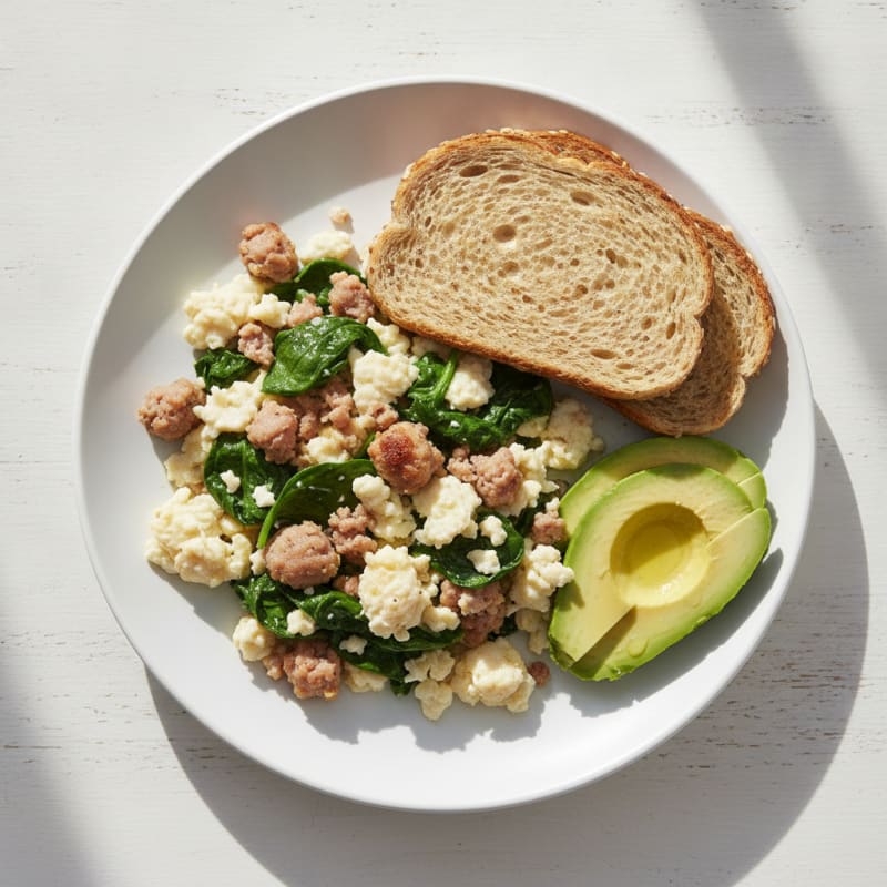 Scrambled Egg Whites with Turkey Sausage and Sautéed Spinach