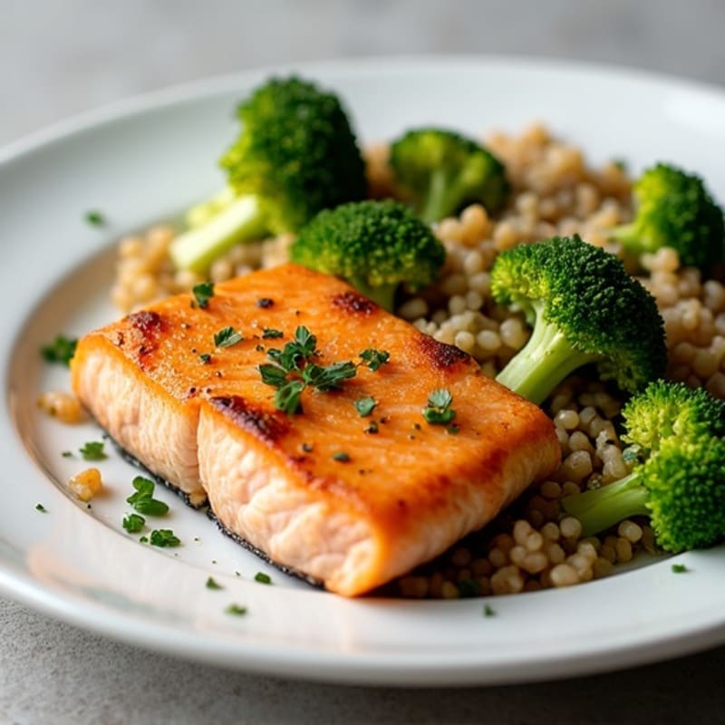 Seared Salmon Fillet with Garlic Roasted Broccoli and Herbed Brown Rice