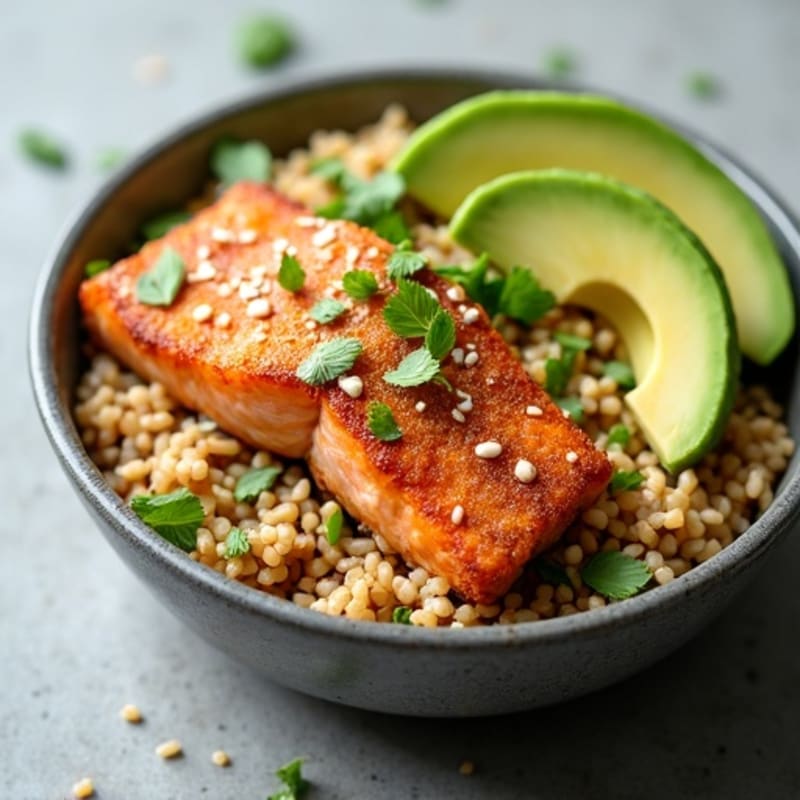 Crispy Salmon Rice Bowl with Fresh Avocado and Creamy Sesame Dressing