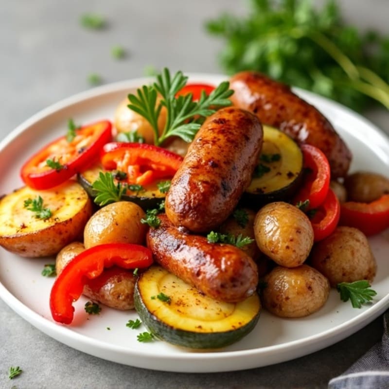 Lean Chicken Sausage and Crispy Roasted Potato Vegetable Bake