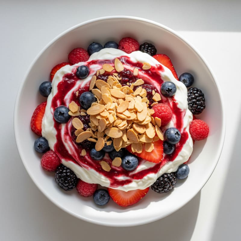 Greek Yogurt Protein Parfait with Mixed Berries and Almonds