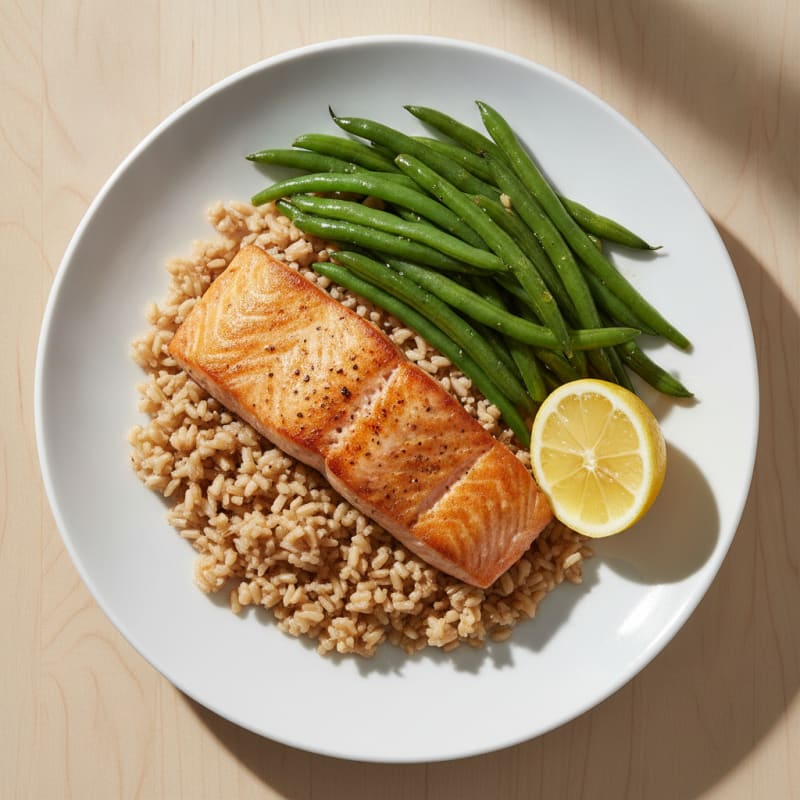 Seared Salmon Fillet with Steamed Green Beans and Brown Rice