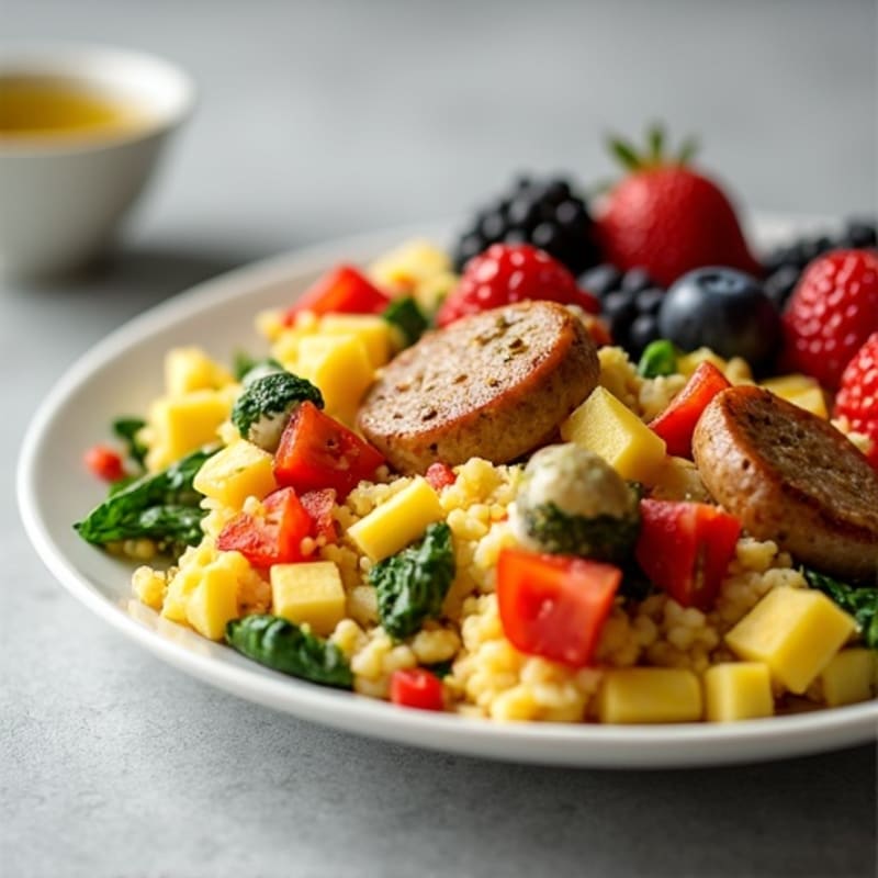 Egg White Veggie Scramble with Turkey Sausage and Fresh Berries