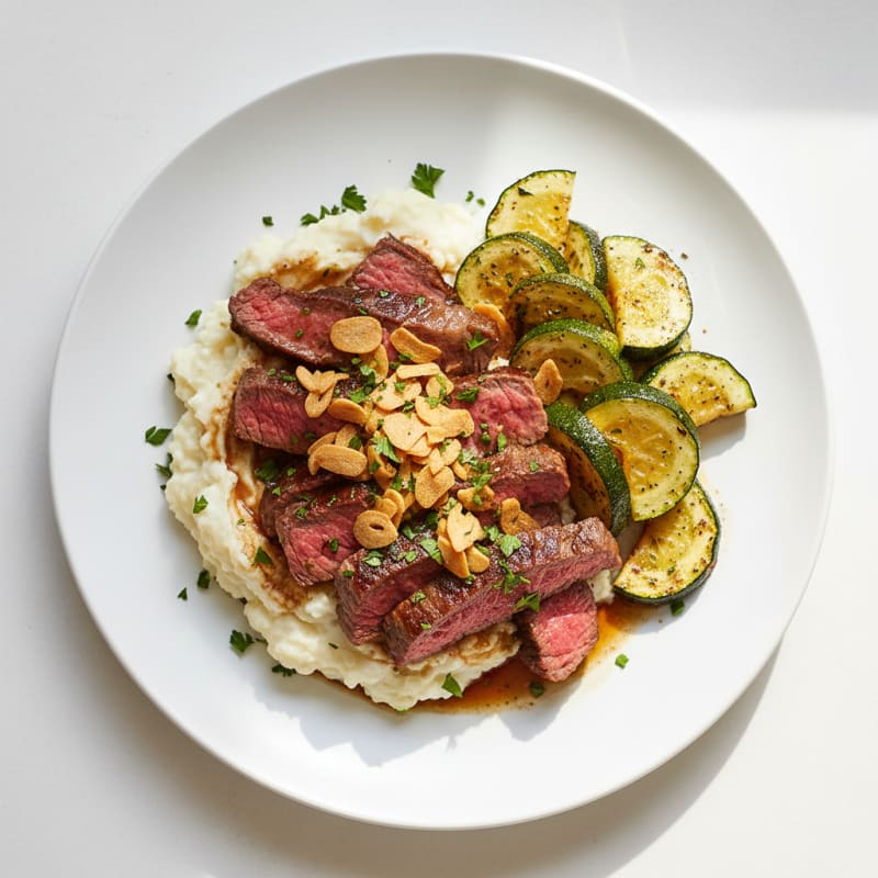 Seared Lean Beef Strips with Roasted Zucchini and Cauliflower Mash