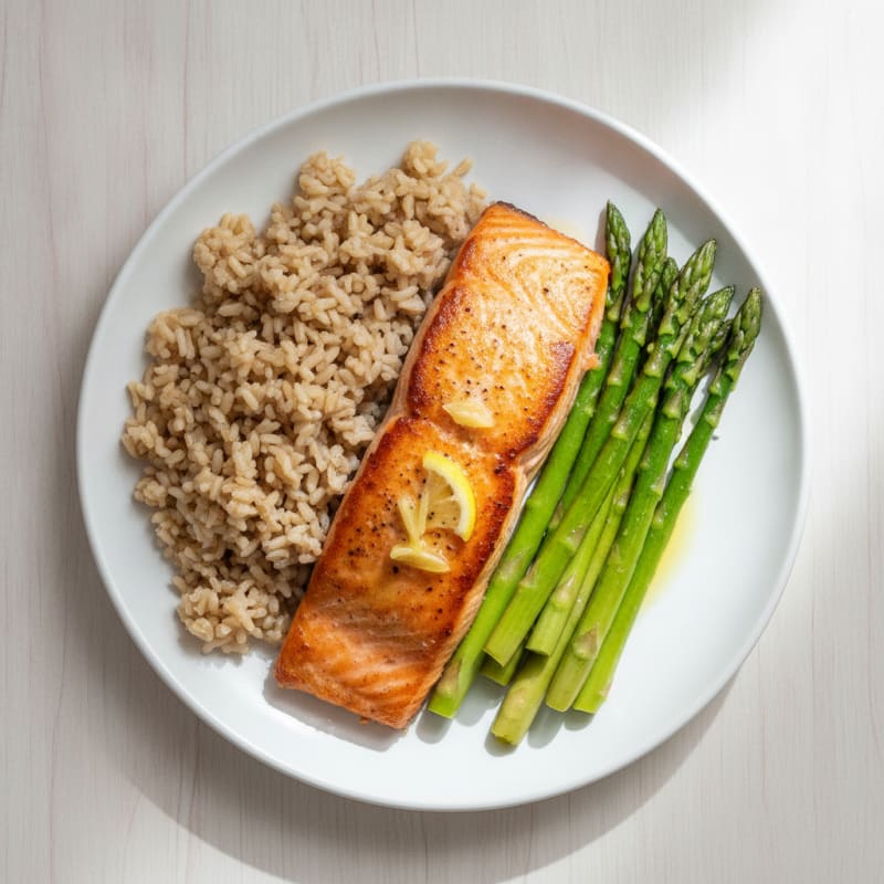 Seared Salmon with Steamed Asparagus and Brown Rice