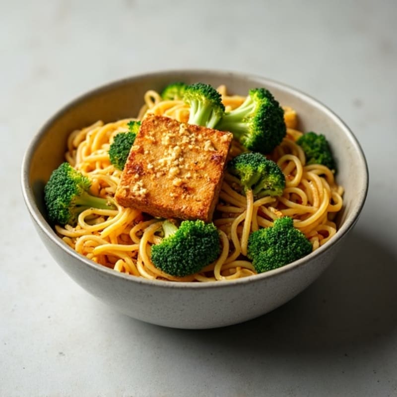 Crispy Tofu and Roasted Broccoli Pasta with Lemon Garlic