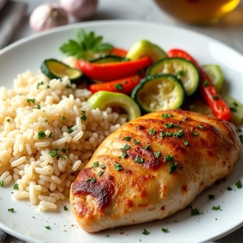 Roasted Chicken Breast with Garlic Herb Vegetables and Jasmine Rice