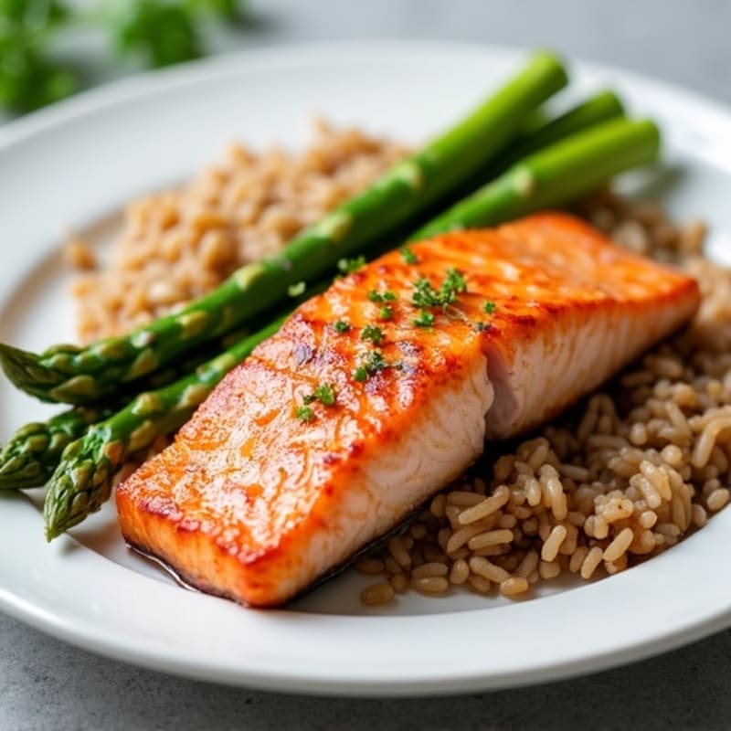 Seared Salmon with Steamed Asparagus and Brown Rice