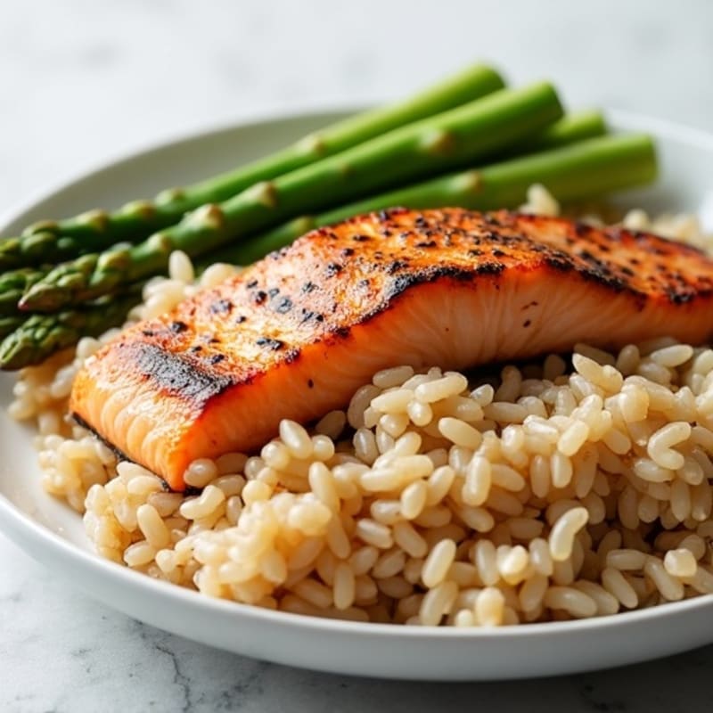 Seared Salmon with Steamed Asparagus and Brown Rice