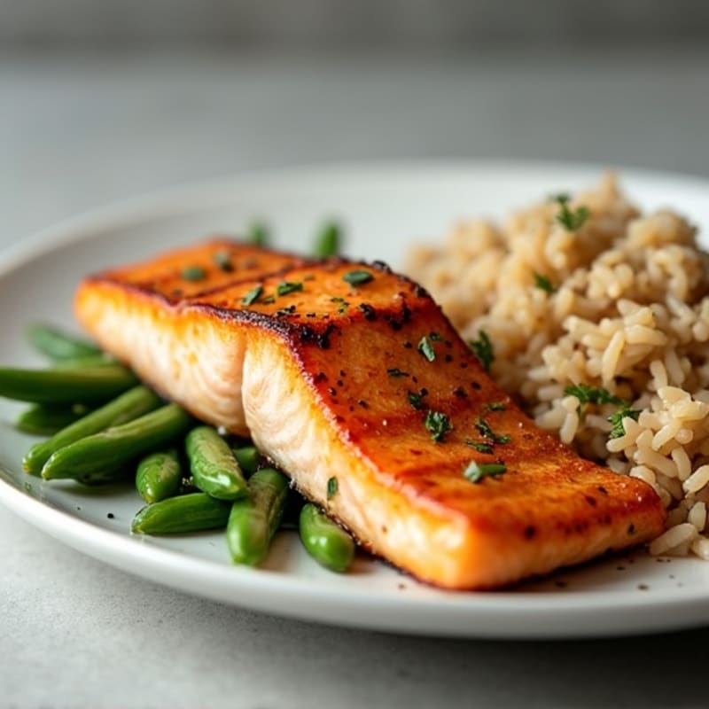 Seared Salmon with Garlic Green Beans and Brown Rice