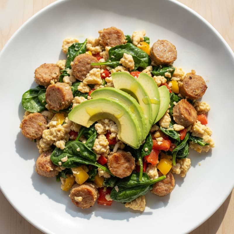 Egg White and Turkey Sausage Scramble with Spinach and Bell Peppers