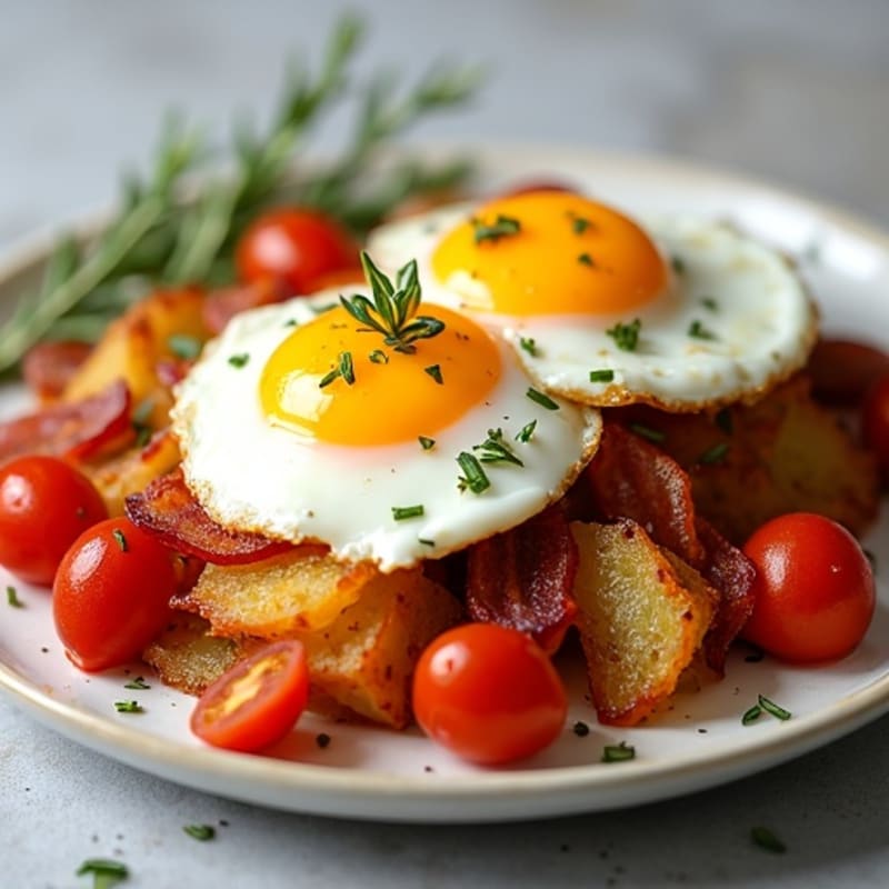 Crispy Potato Hash with Sunny Eggs and Roasted Tomatoes
