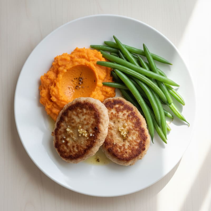 Seared Turkey Patties with Steamed Green Beans and Sweet Potato Mash