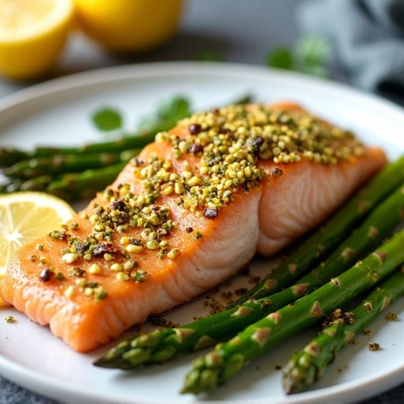Pistachio-Crusted Salmon with Lemon-Garlic Roasted Asparagus