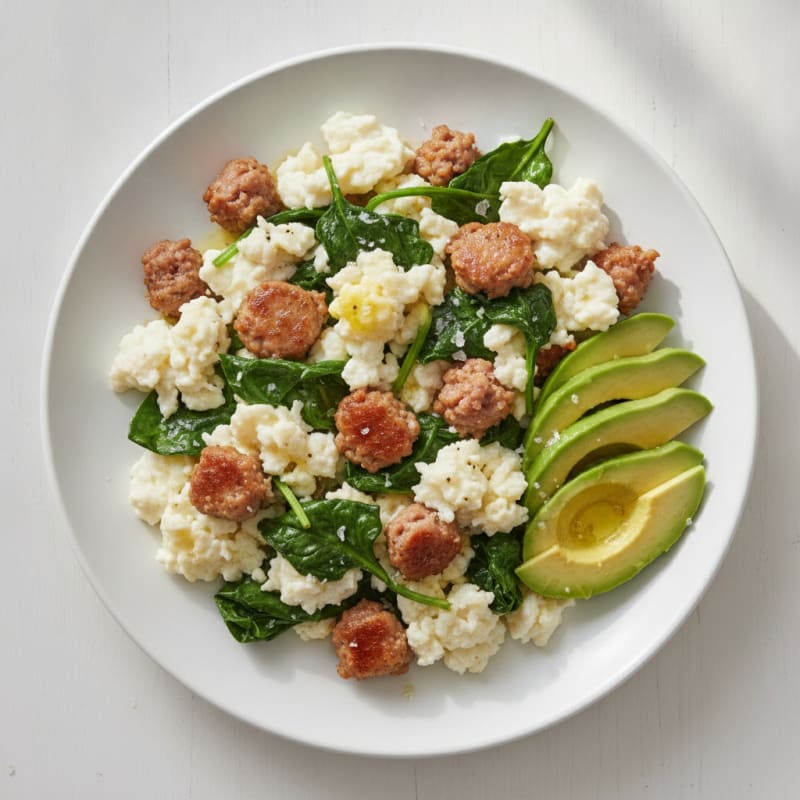 Egg White Scramble with Turkey Sausage and Sautéed Spinach