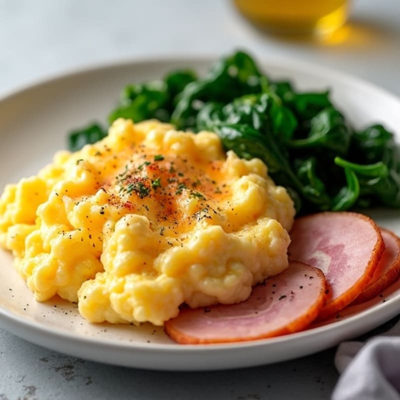 Crispy Ham and Fluffy Scrambled Eggs with Sautéed Spinach