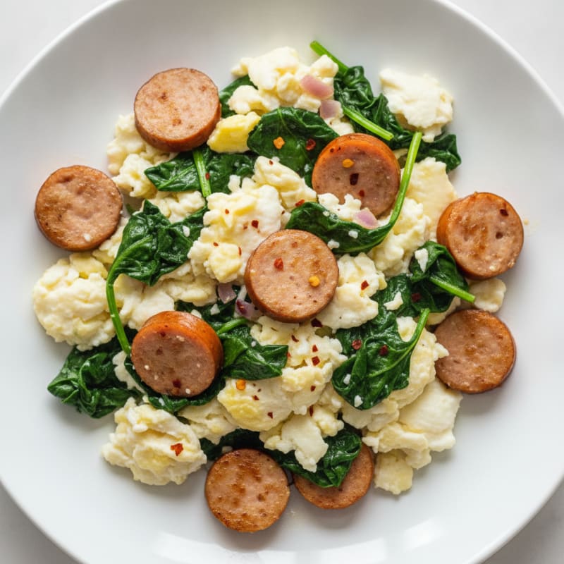 Egg White Scramble with Turkey Sausage and Sautéed Spinach