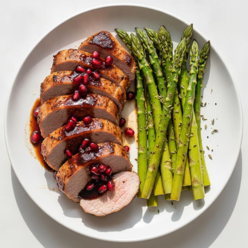 Balsamic-Pomegranate Glazed Pork Tenderloin with Roasted Asparagus