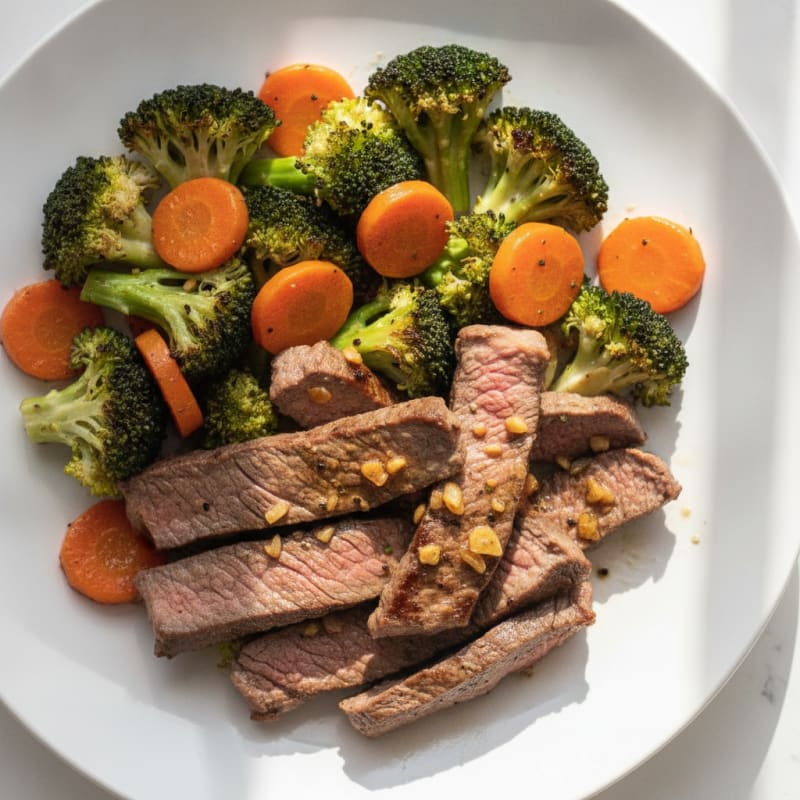 Seared Lean Beef Strips with Roasted Broccoli and Carrot Medley
