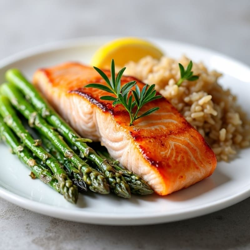 Seared Salmon with Steamed Asparagus and Brown Rice
