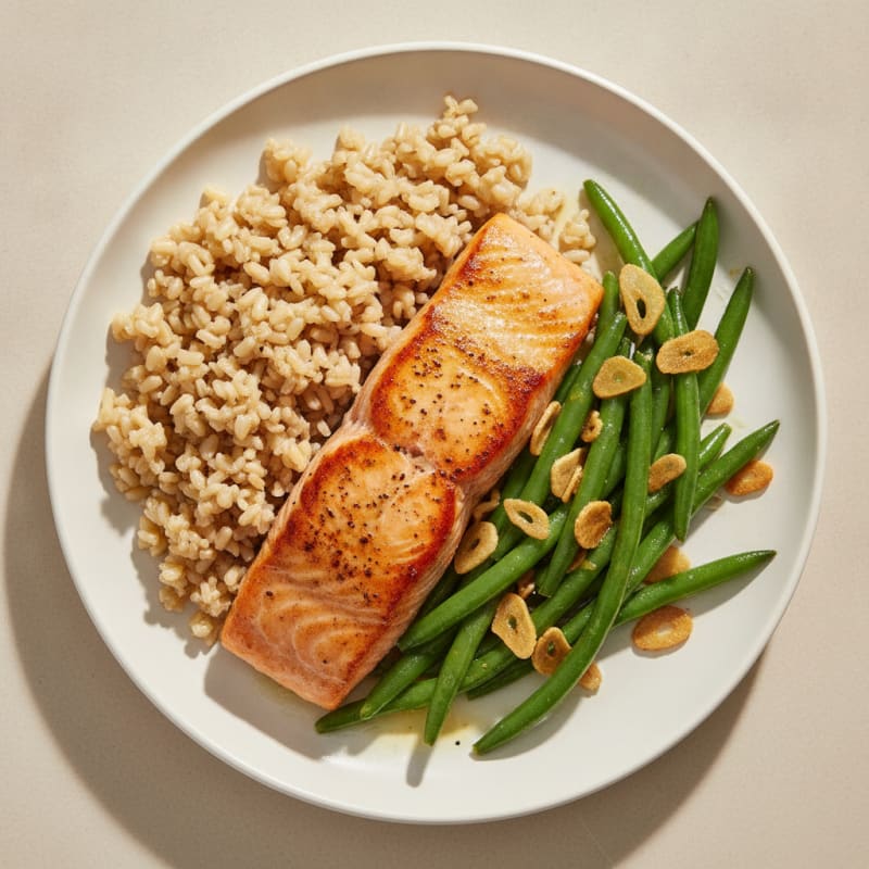 Seared Salmon with Garlic Green Beans and Brown Rice