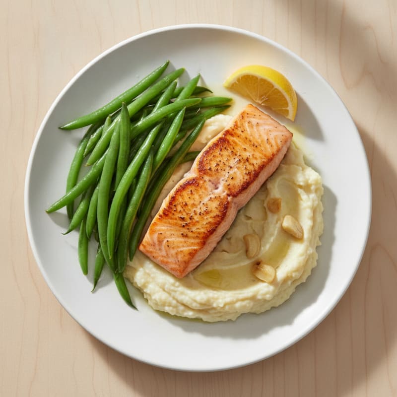 Seared Salmon with Steamed Green Beans and Garlic Cauliflower Mash