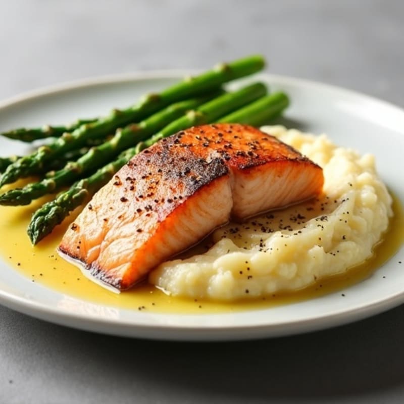 Seared Salmon with Steamed Asparagus and Cauliflower Mash