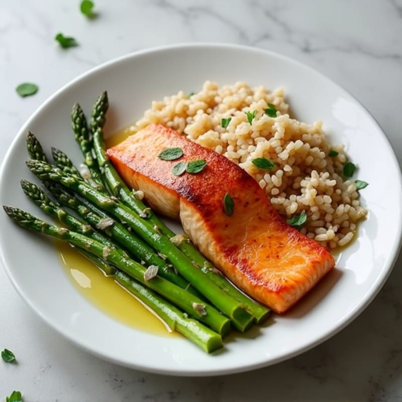 Seared Salmon with Steamed Asparagus and Brown Rice