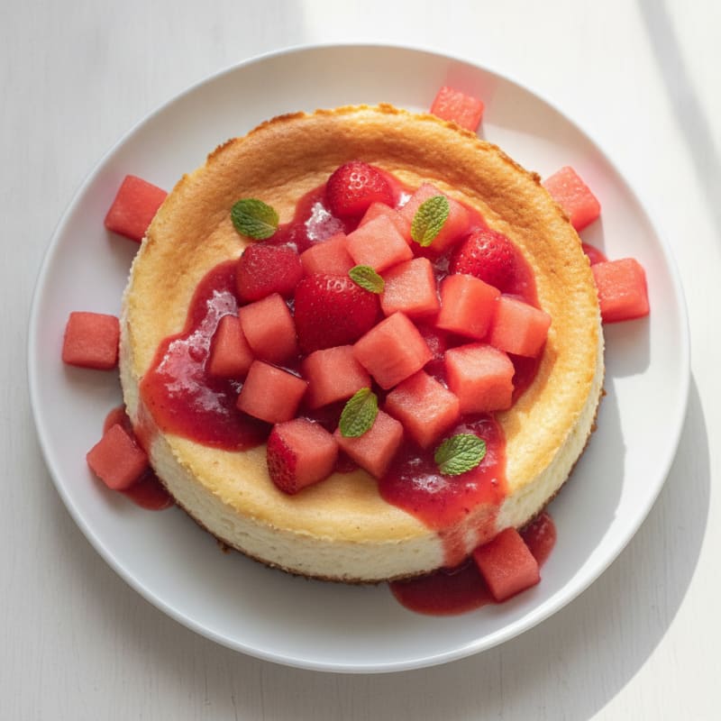 Protein Cheesecake with Watermelon and Strawberry Sauce