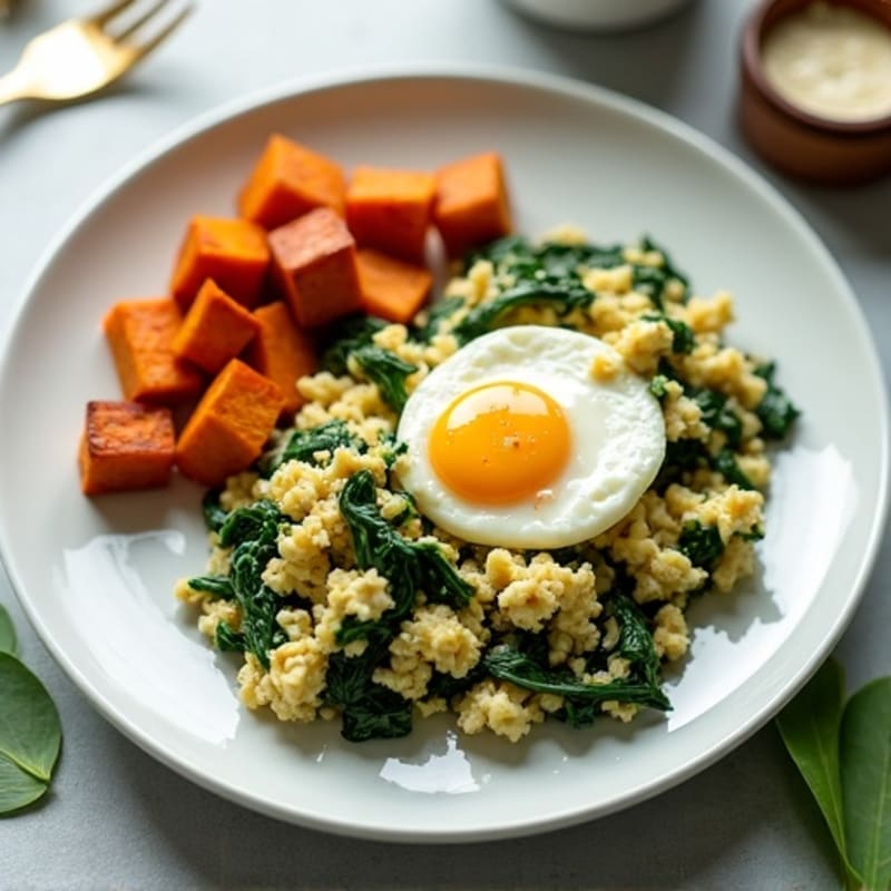 Cottage Cheese and Egg Scramble with Spinach and Roasted Sweet Potato