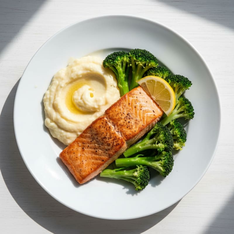 Seared Salmon with Steamed Broccoli and Garlic Cauliflower Mash