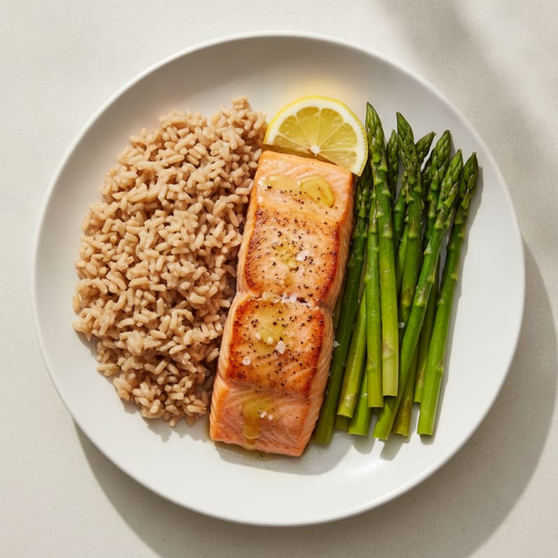 Seared Salmon Fillet with Steamed Asparagus and Brown Rice