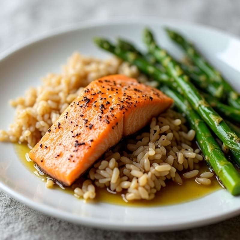 Seared Salmon with Steamed Asparagus and Brown Rice