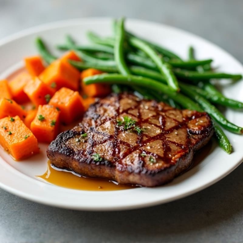 Seared Lean Steak with Roasted Sweet Potatoes and Steamed Green Beans