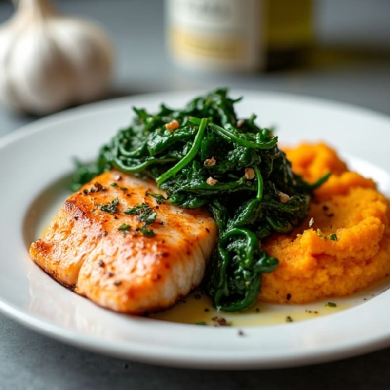 Seared Salmon Fillet with Garlic Spinach and Mashed Sweet Potatoes
