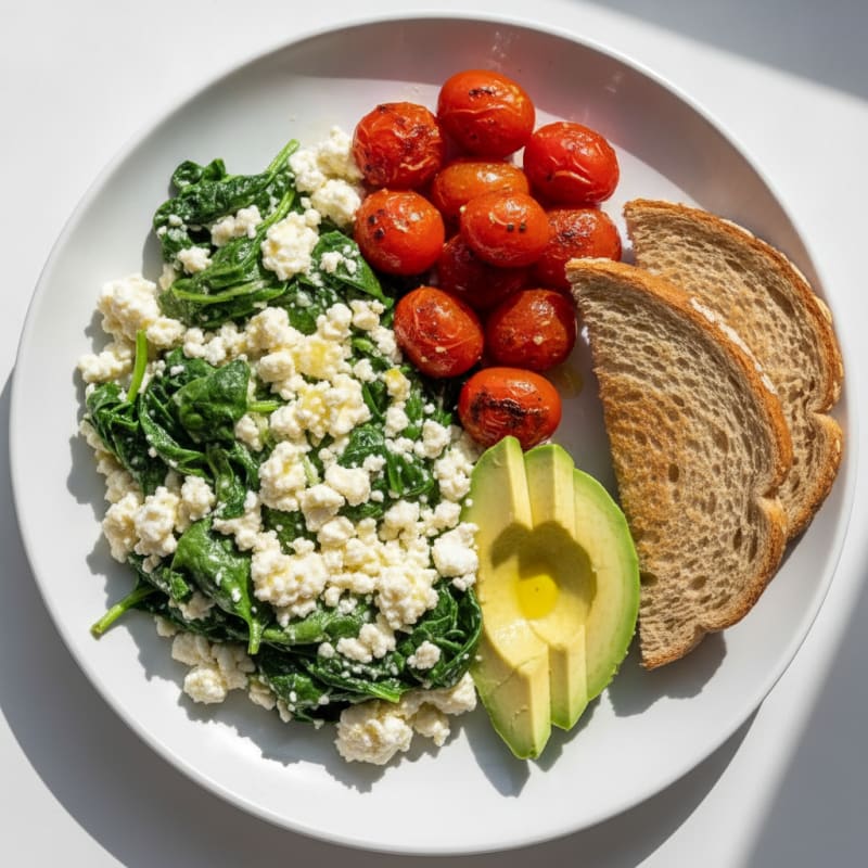 Egg White Spinach Scramble with Cottage Cheese and Tomatoes