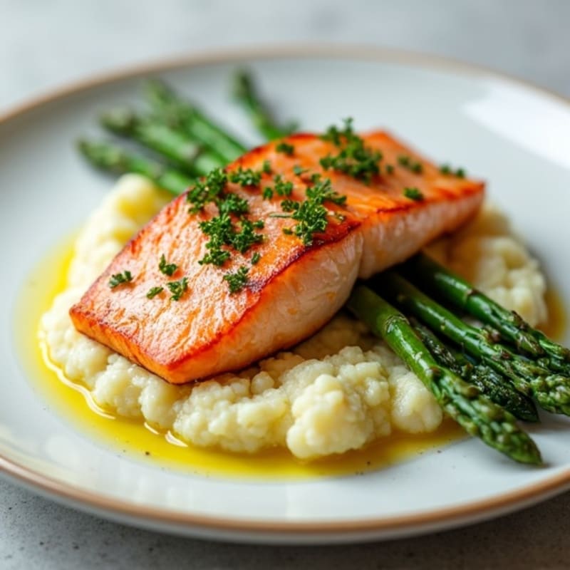 Seared Salmon with Steamed Asparagus and Cauliflower Mash