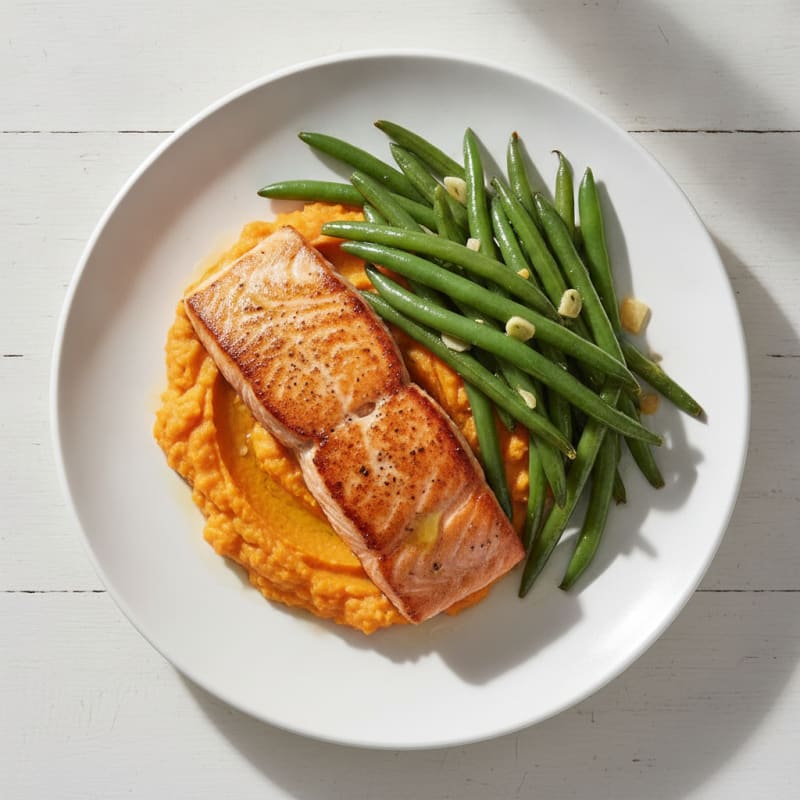 Seared Salmon with Garlic Green Beans and Sweet Potato Mash