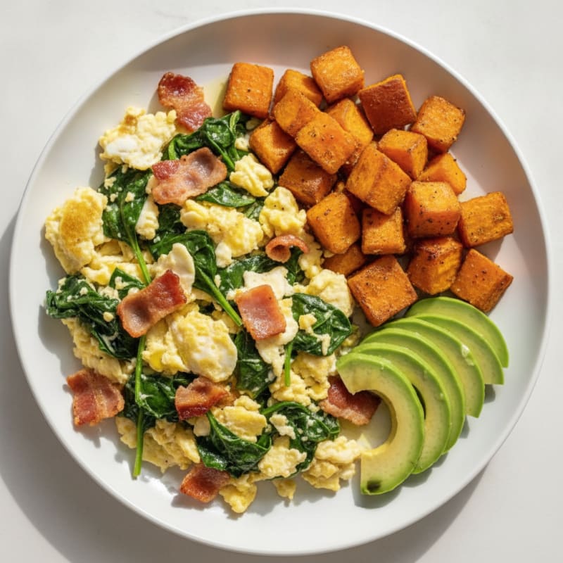 Crispy Turkey Bacon and Egg White Scramble with Roasted Sweet Potatoes