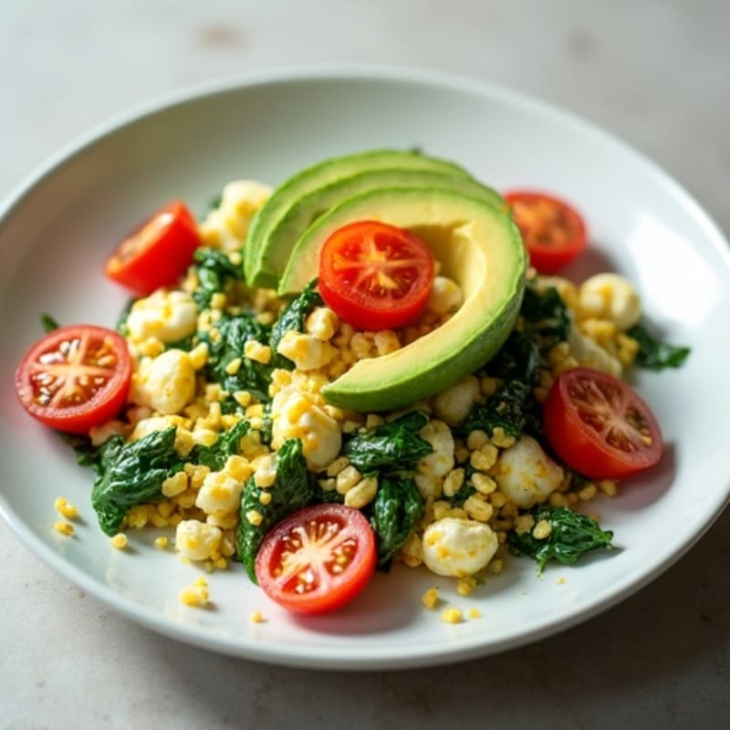 Egg White and Spinach Scramble with Cottage Cheese and Cherry Tomatoes