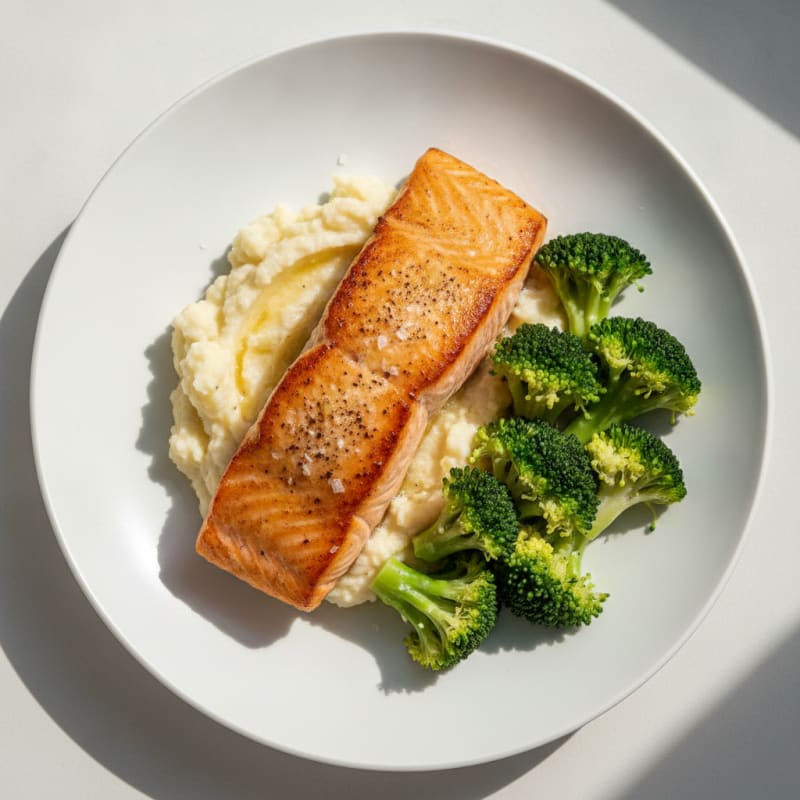Seared Salmon with Steamed Broccoli and Cauliflower Mash