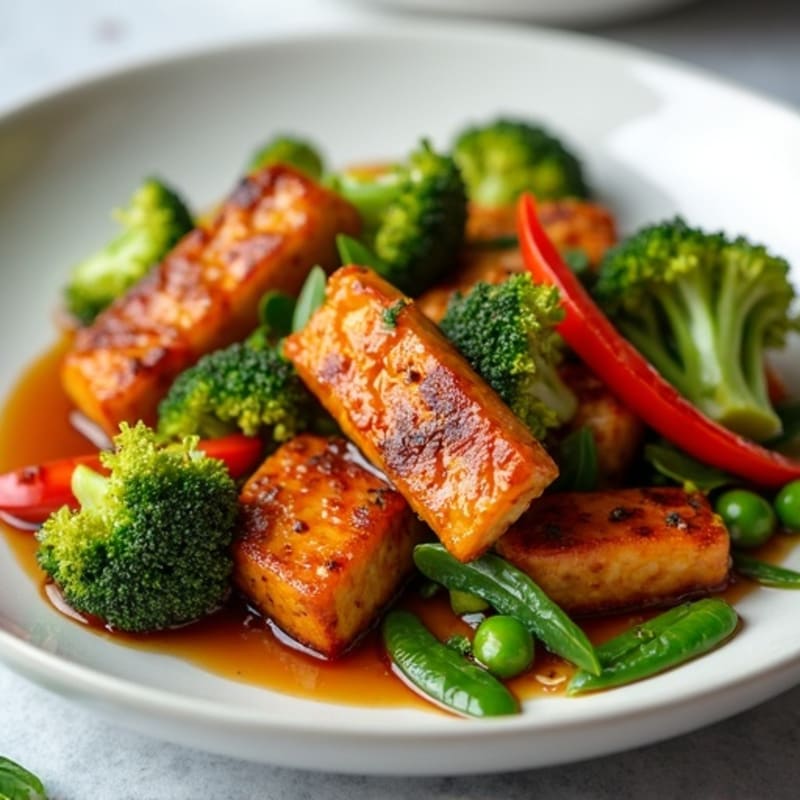 Sweet-Sticky Maple Glazed Tempeh with Crispy Vegetables