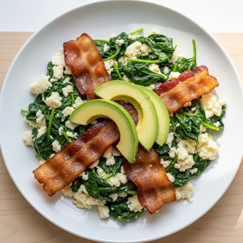 Crispy Turkey Bacon Egg White Scramble with Spinach