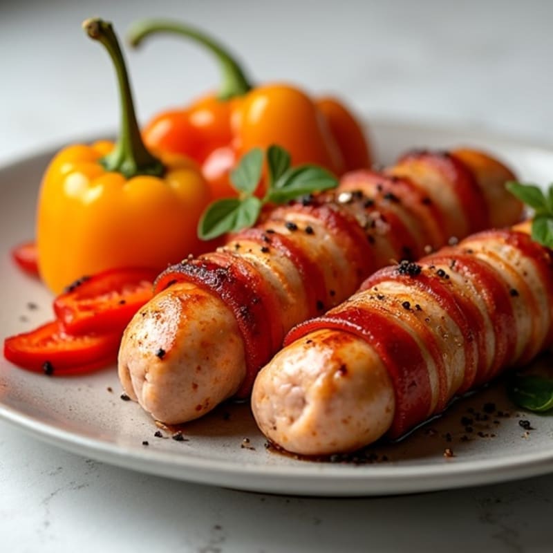 Crispy Bacon-Wrapped Chicken Sausage with Roasted Bell Peppers